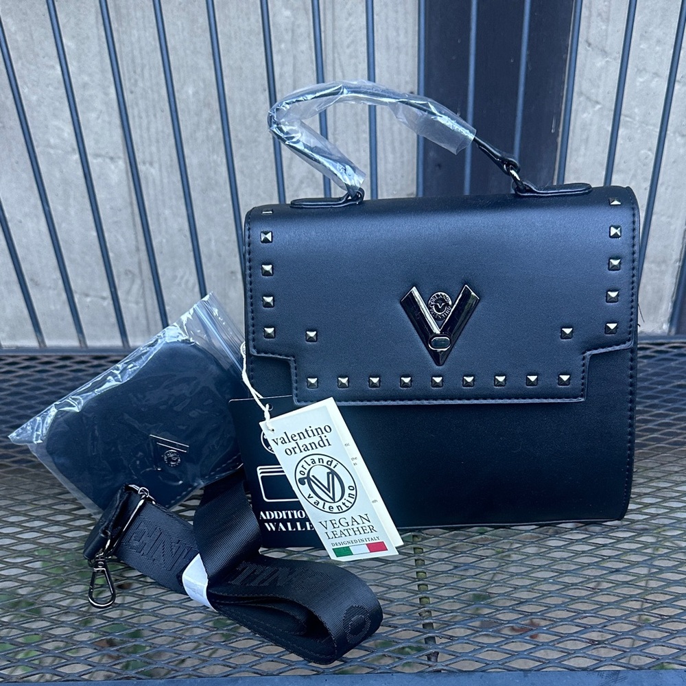Valentino Orlandi Black Studded Crossbody Bag with Additional Wallet